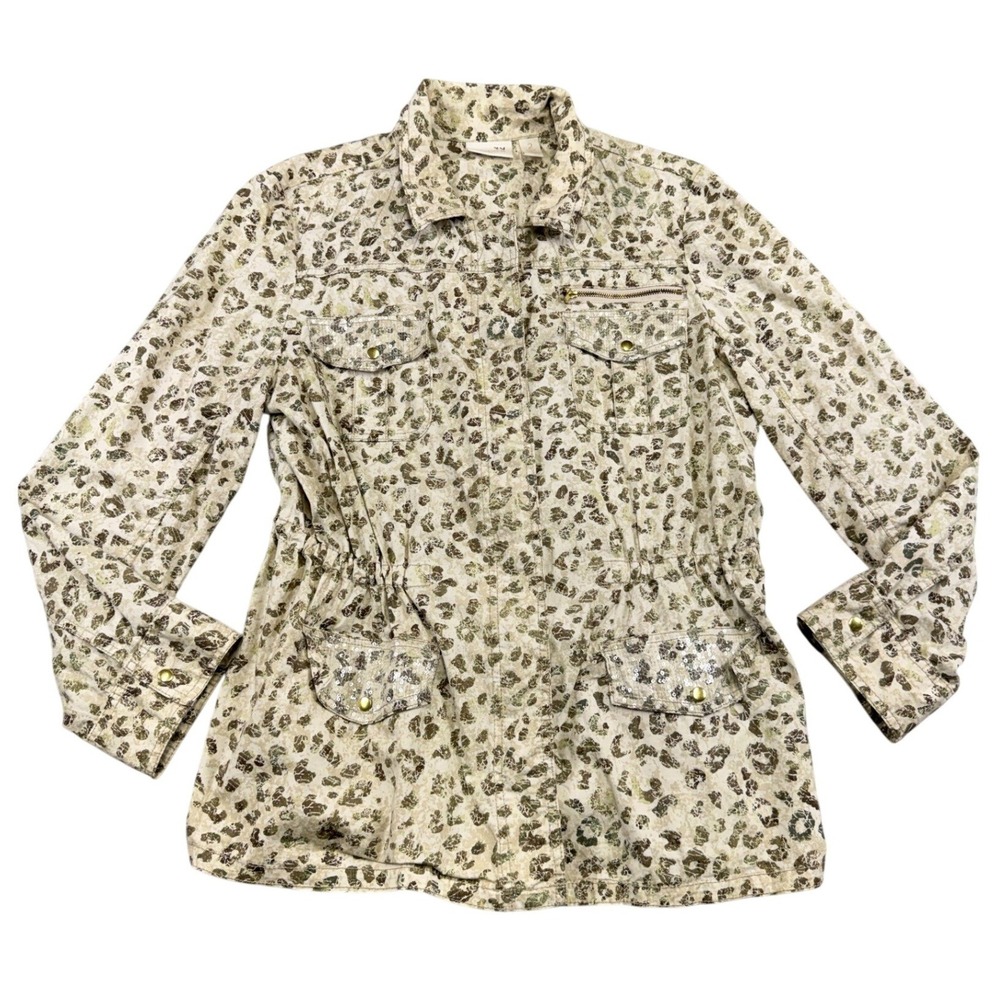Chicos Womens Leopard Print Utility Jacket Tan Green Sequin Trim Size‎ 2 Large